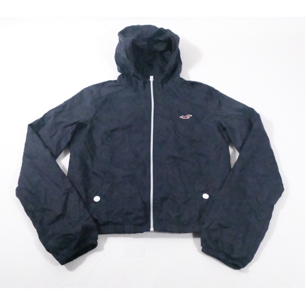 Hollister Windbreaker Jacket Womens S Navy Blue Hooded Full Zip Logo